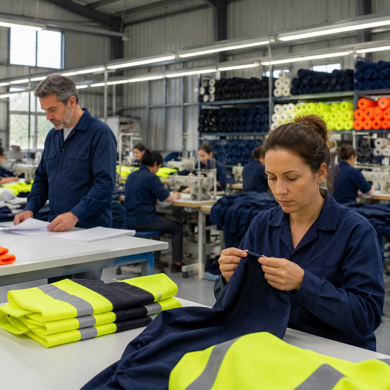 Auditor and quality control inspector reviewing workwear garments and compliance records on a garment factory floor