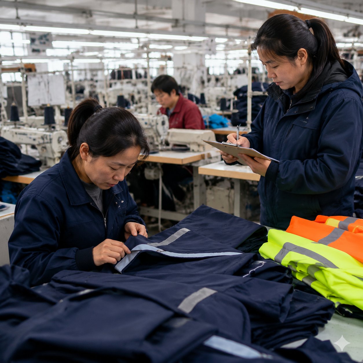 Quality control manager reviewing workwear audit records beside finished uniform jackets in a garment factory