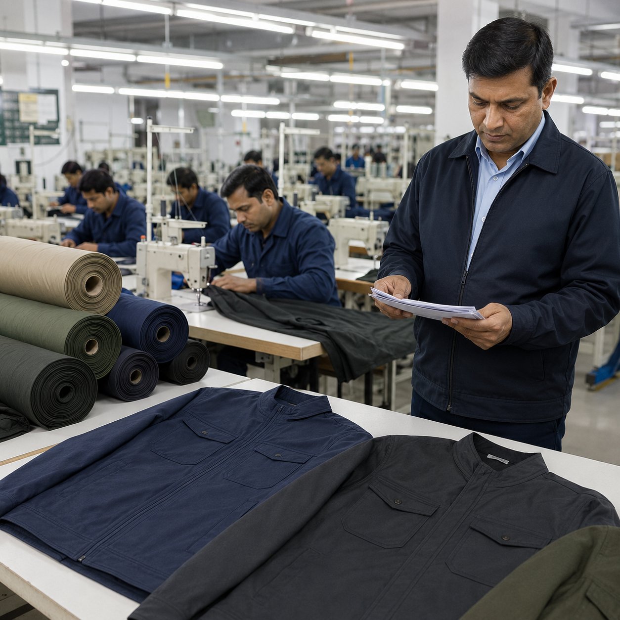 QC and warehouse staff checking packed cartons of custom workwear in a garment factory export area before shipment
