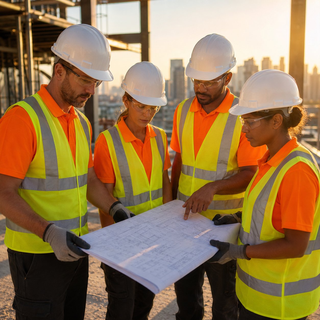 Construction crew in branded hi-vis safety orange polos and reflective vests on a high-rise jobsite
