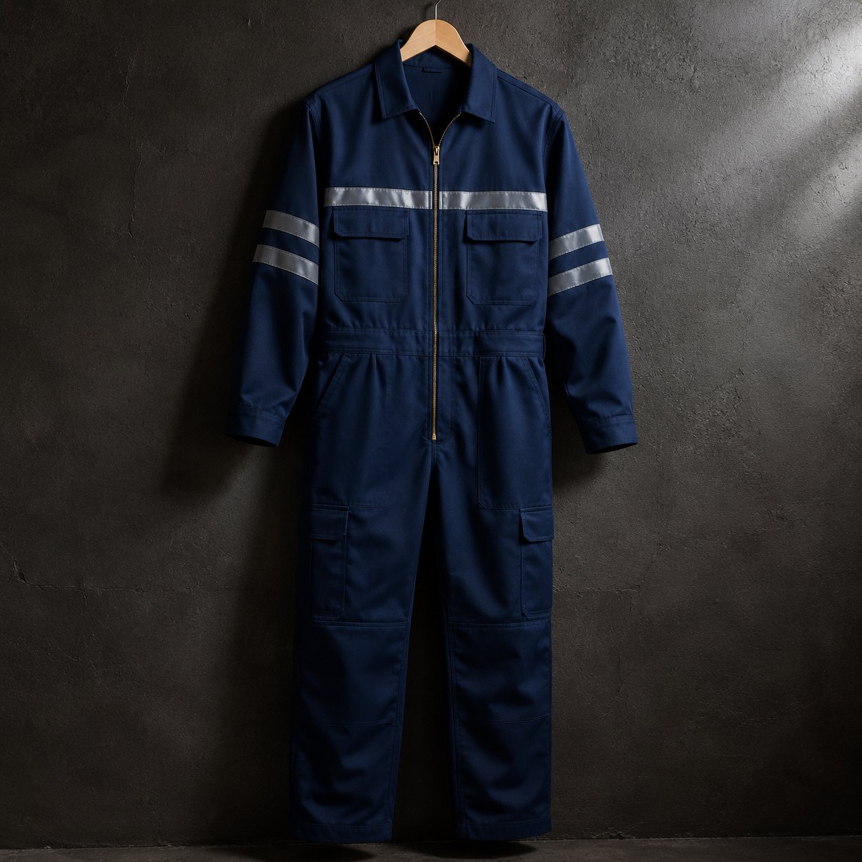 Navy industrial coverall with reflective tape and brass zipper