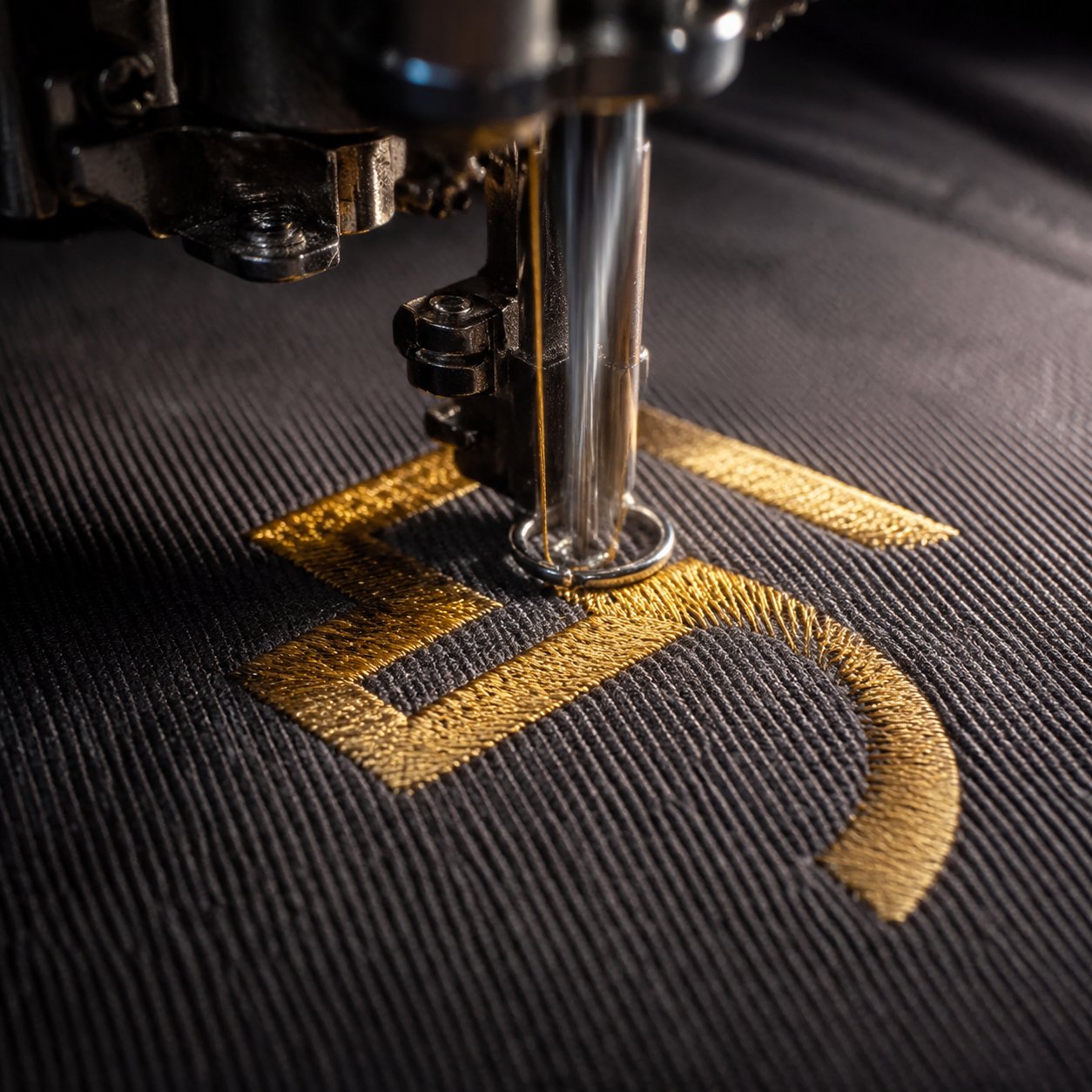 Macro close-up of Tajima embroidery machine stitching gold thread logo onto charcoal twill workwear fabric
