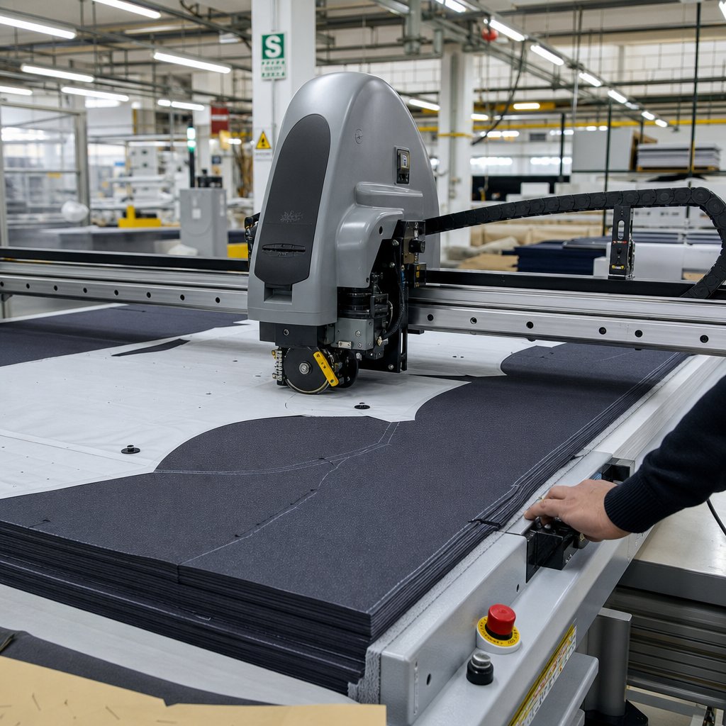 CAD-driven fabric cutting table with layered workwear twill being cut by automated blade