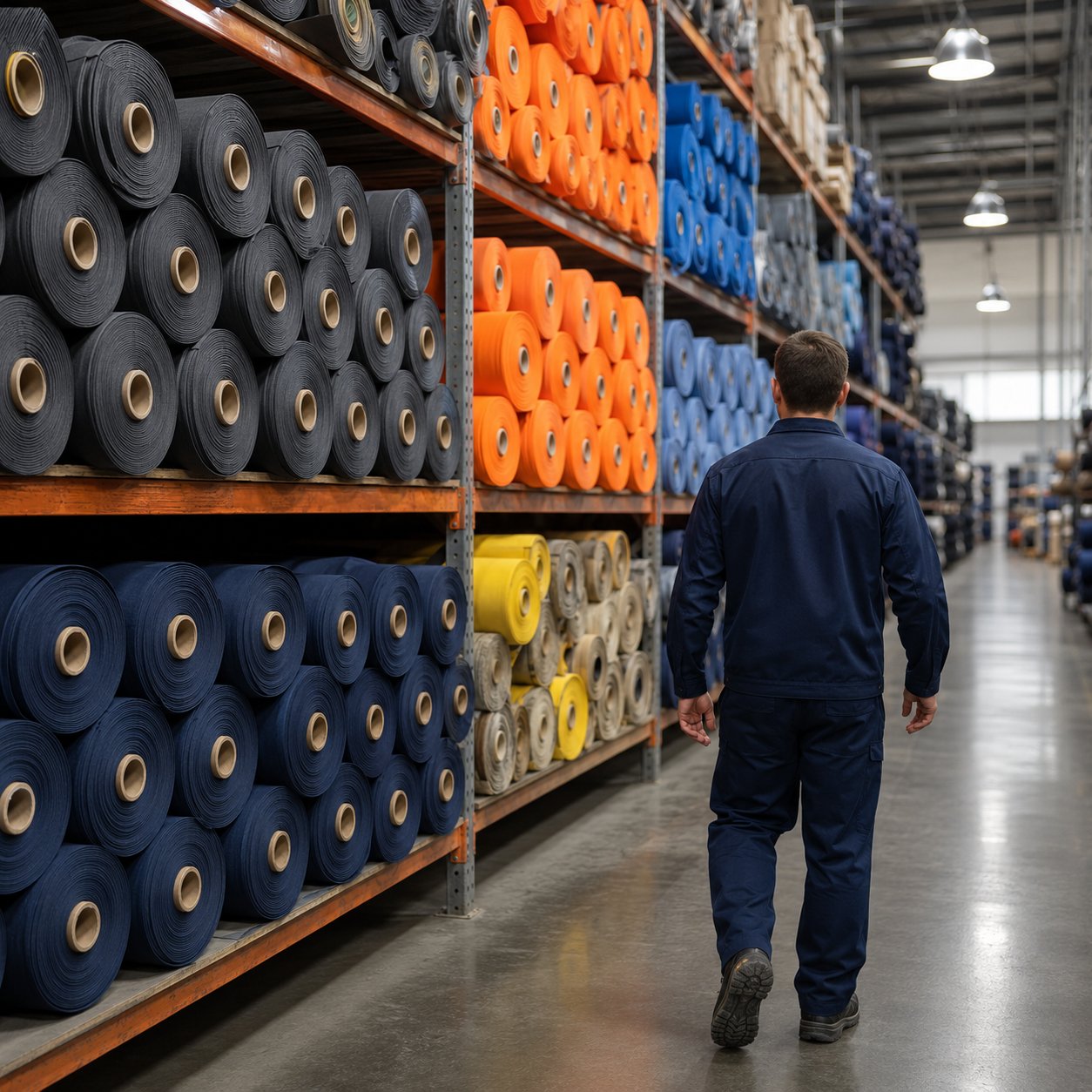 Textile warehouse with rolls of workwear fabric stacked floor to ceiling including hi-vis polyester and ripstop