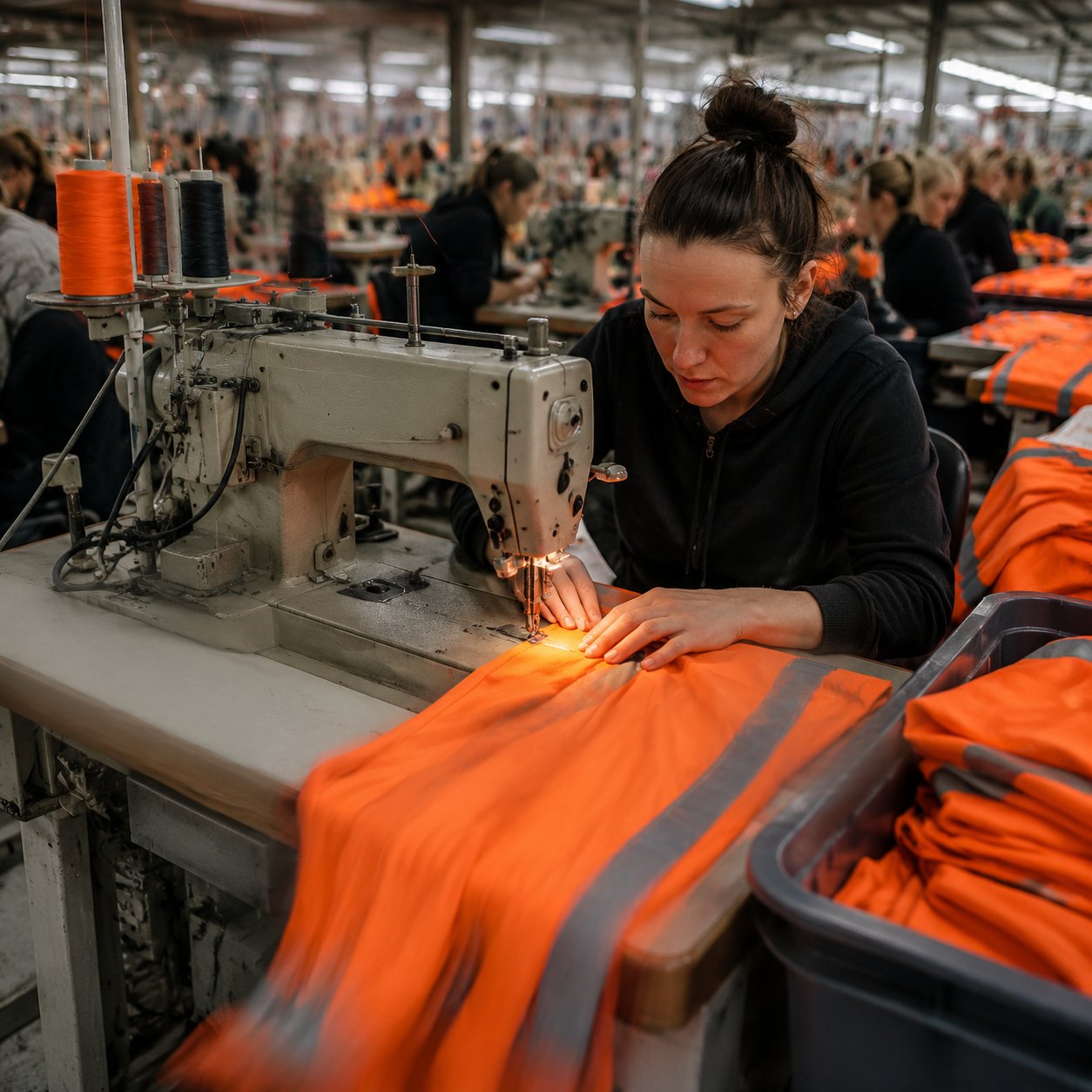Wide view of Vanta Workwear garment factory floor with industrial sewing line and workers