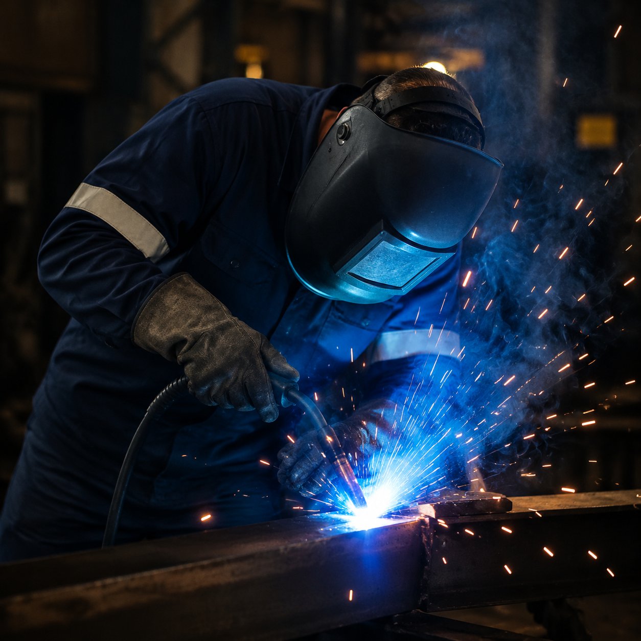 Welder in flame-resistant navy FR coverall