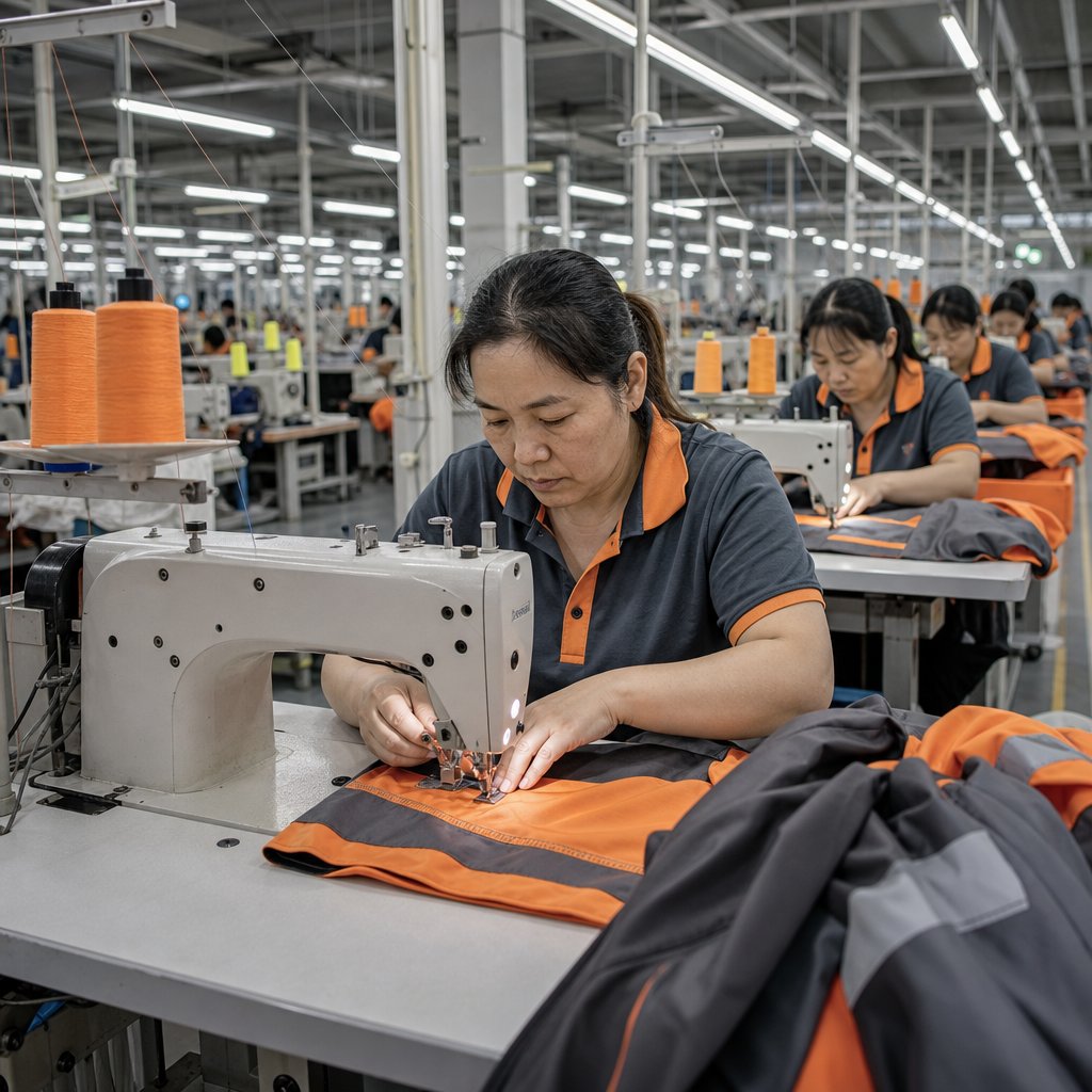 Vanta Workwear factory floor in Yiwu Zhejiang with industrial sewing line and workers in branded hi-vis orange uniforms
