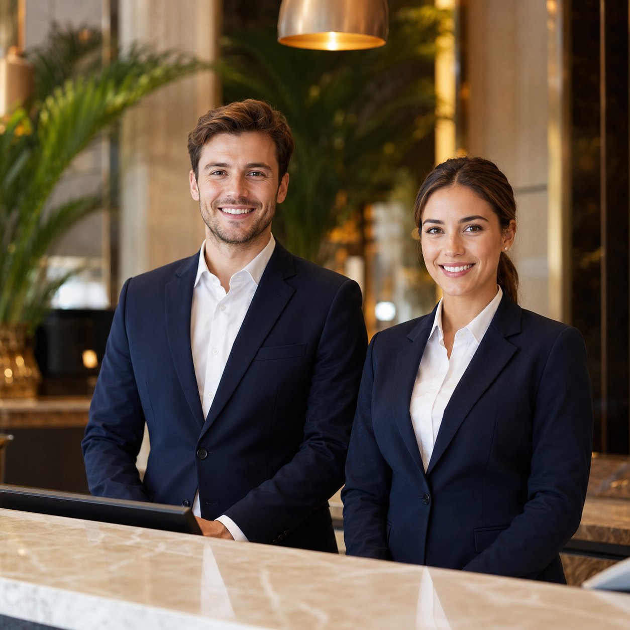 Hotel front-desk staff in tailored marine-navy uniforms with embroidered insignia behind marble check-in counter