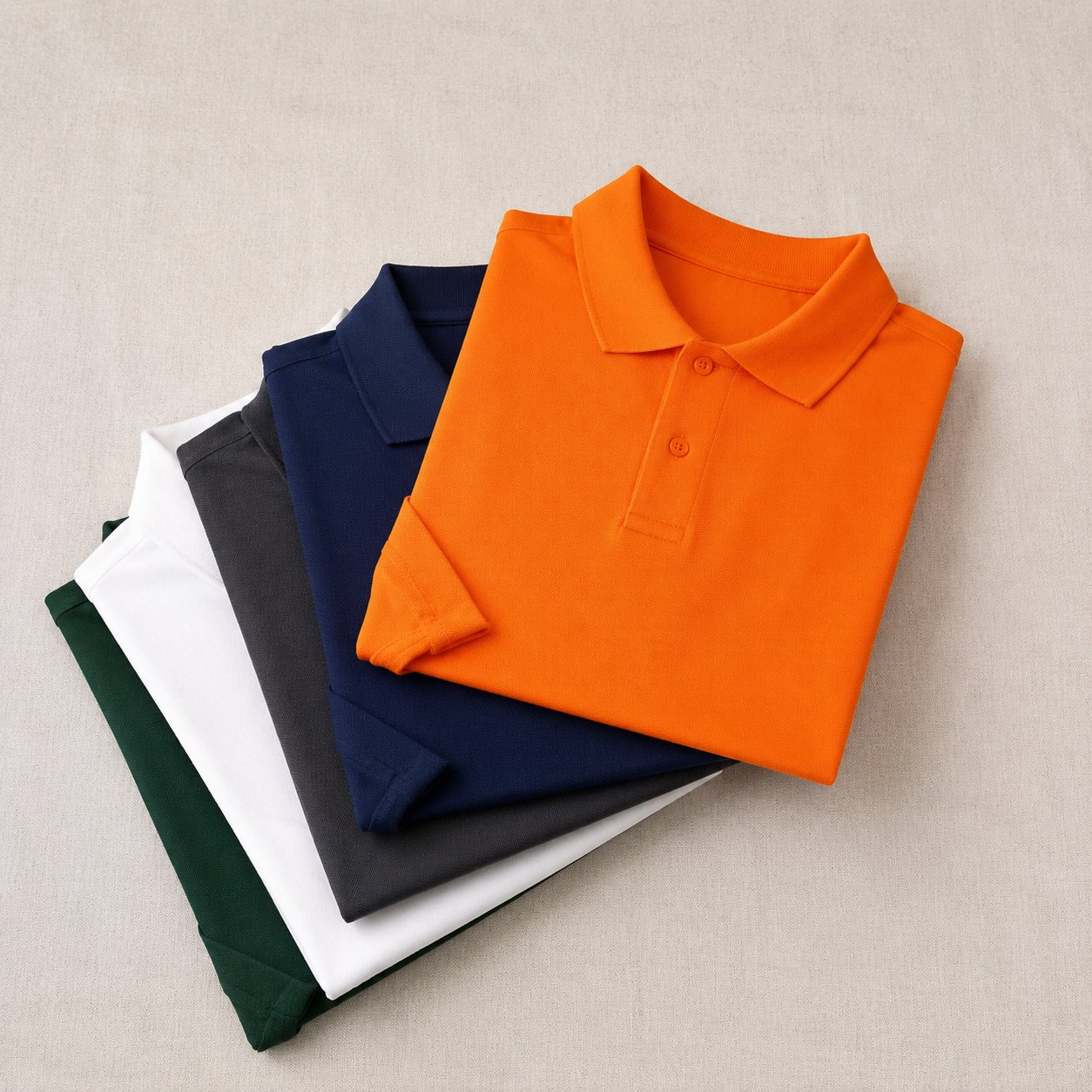 Stack of branded polo shirts in five colors