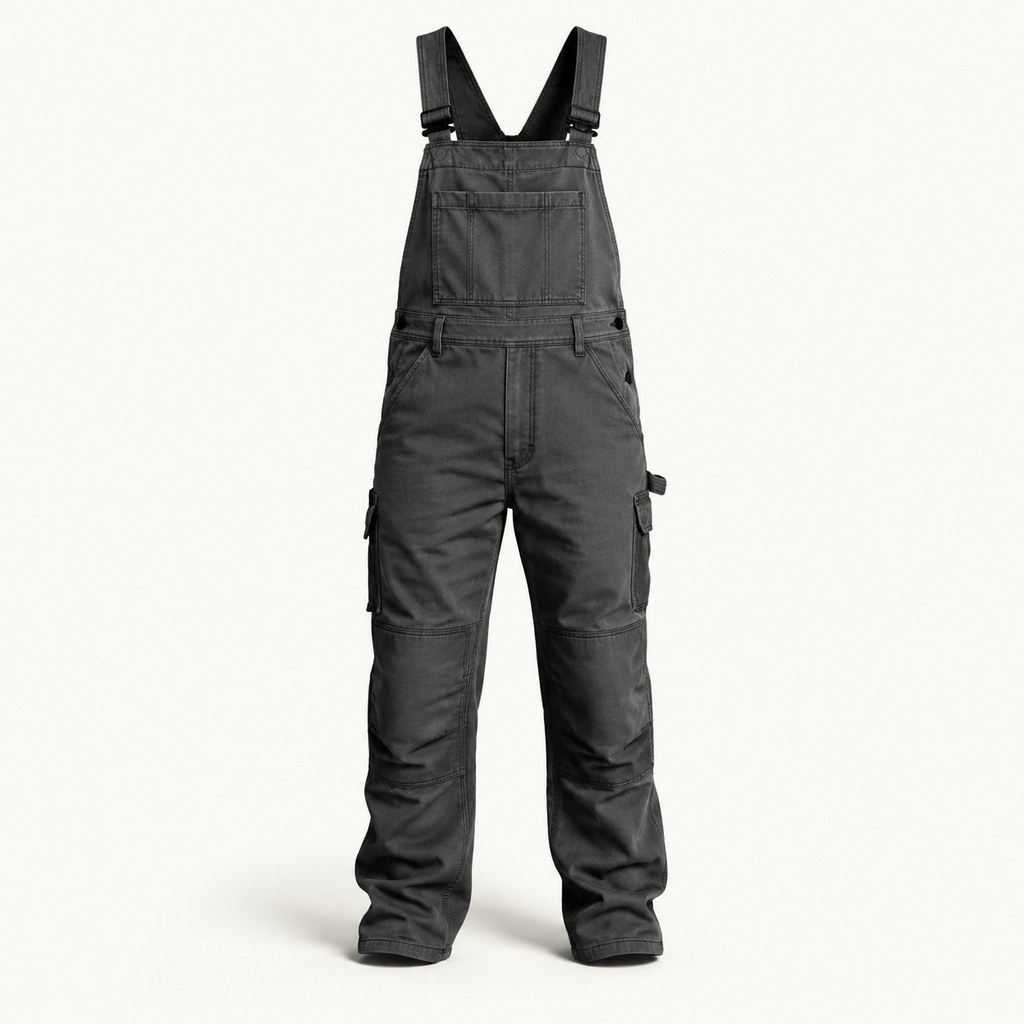 Charcoal bib overalls with reinforced knees and utility pockets on a white studio background