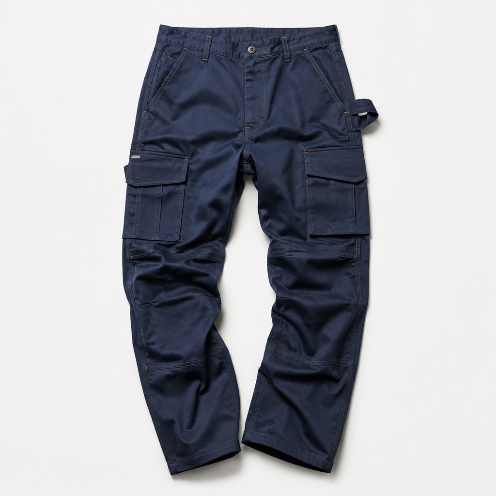 Navy cargo work trousers with reinforced knees and utility pockets on a white background