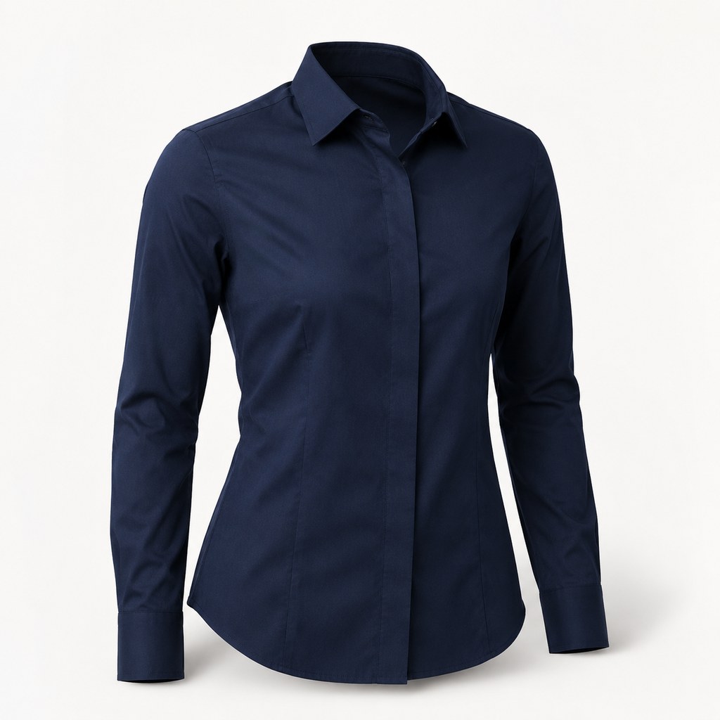 Navy corporate uniform shirt with structured collar on a white background