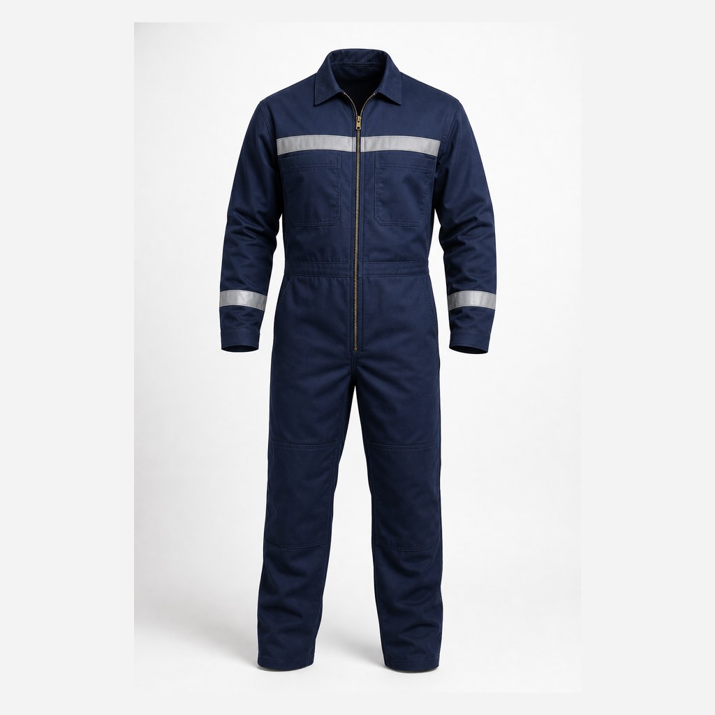 Navy industrial coverall on an invisible mannequin against a warm white studio background