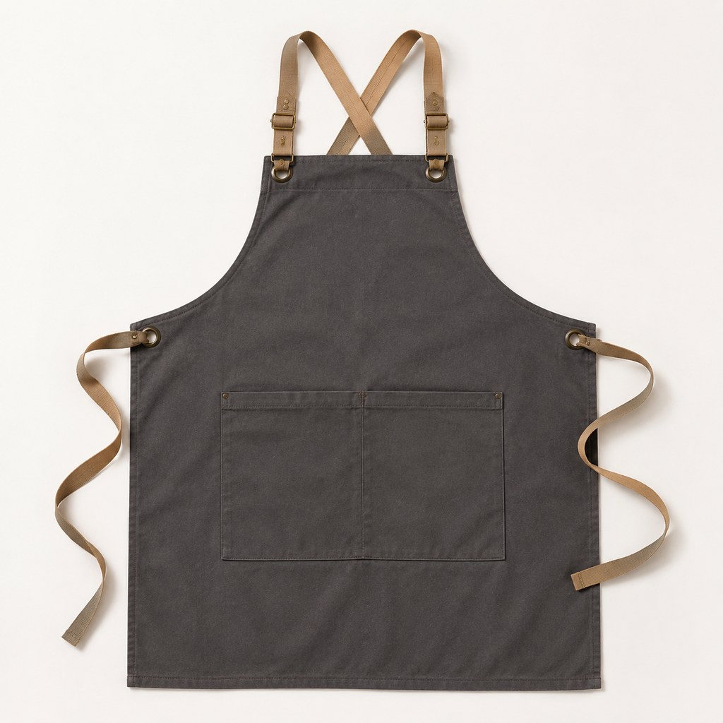 Charcoal crossback chef apron with brass hardware on a white background