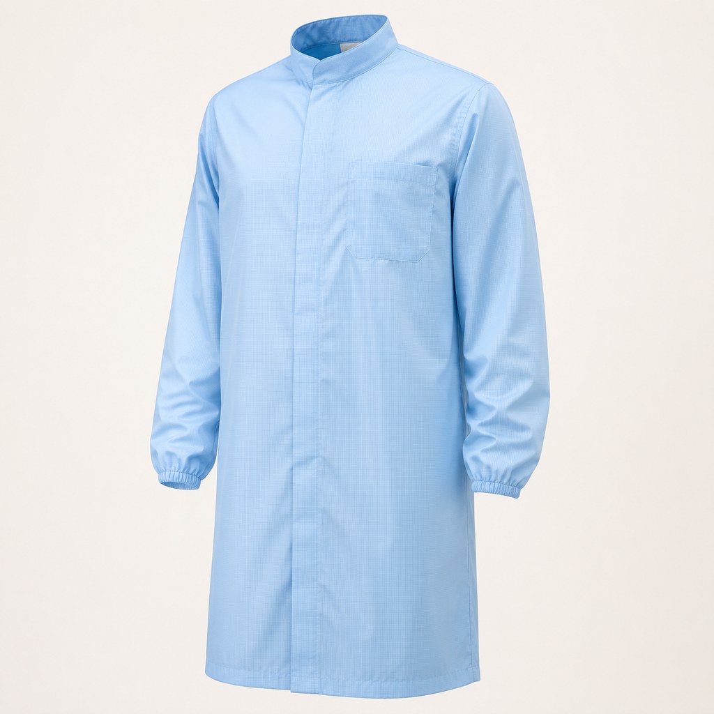 Blue ESD antistatic cleanroom coat with concealed fasteners on a white background