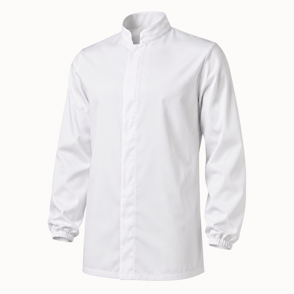 White food processing tunic with concealed closure on a white background