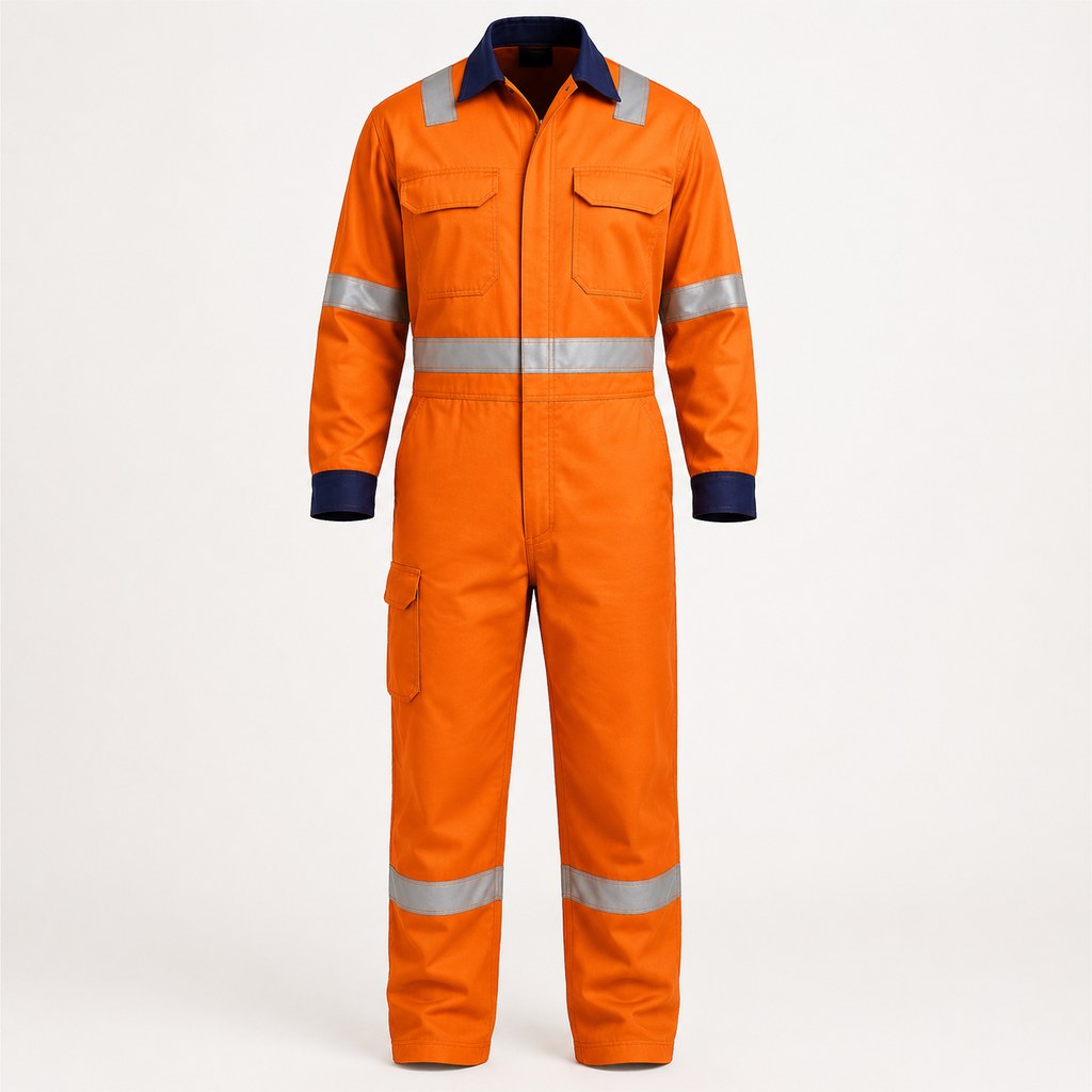 Orange flame-resistant industrial coverall with reflective bands on a white background