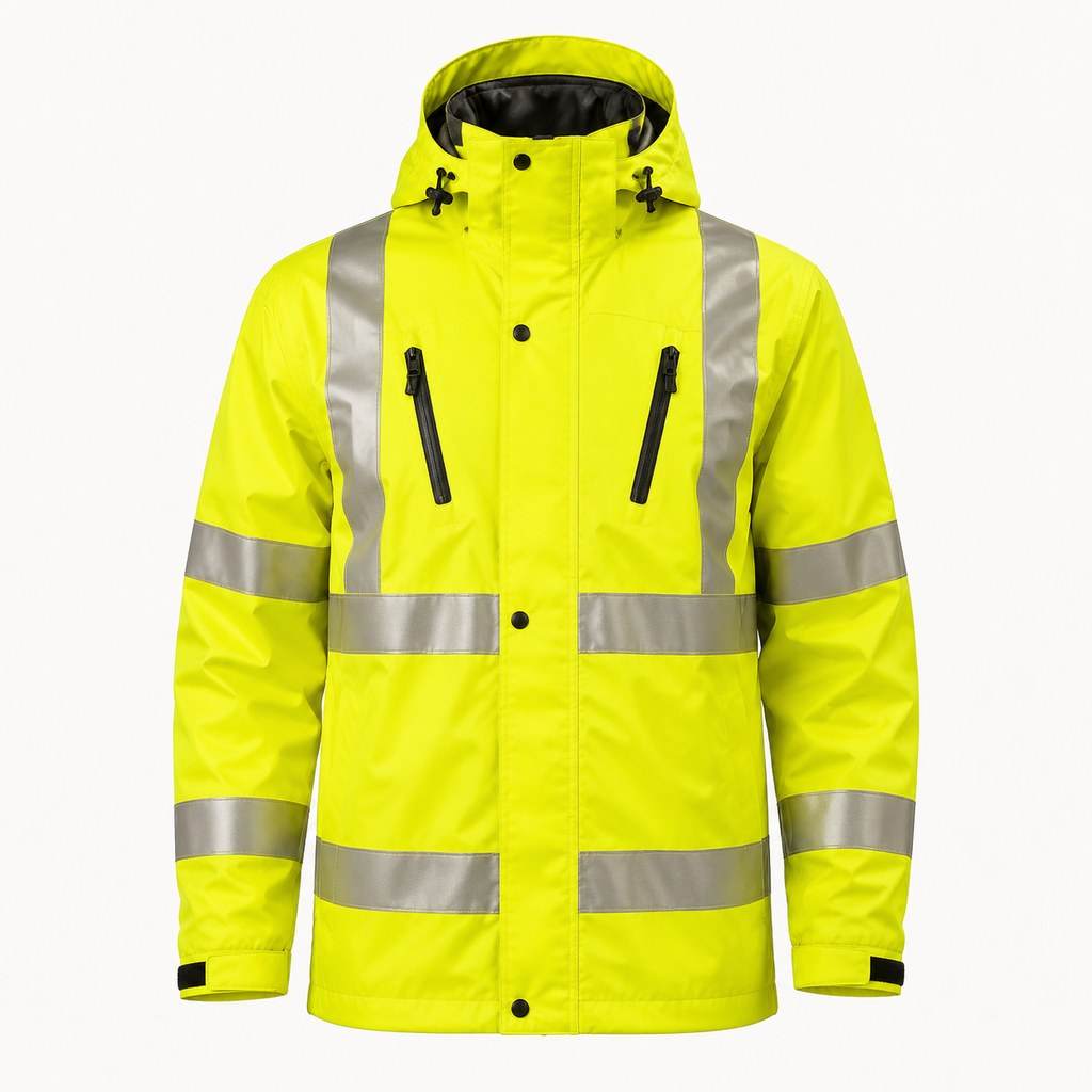 Yellow hi-vis work jacket with reflective tape photographed on a white background