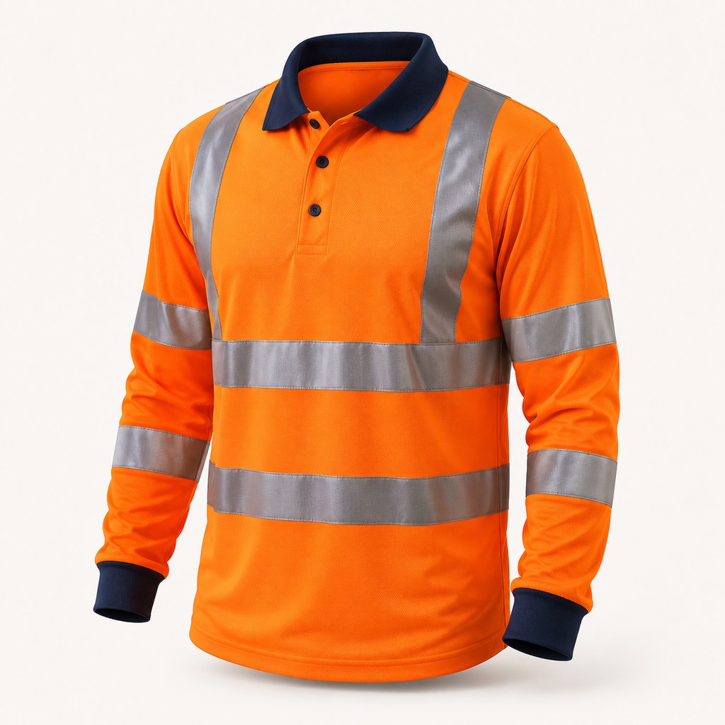 Orange hi-vis long sleeve work polo with segmented reflective tape on a white background