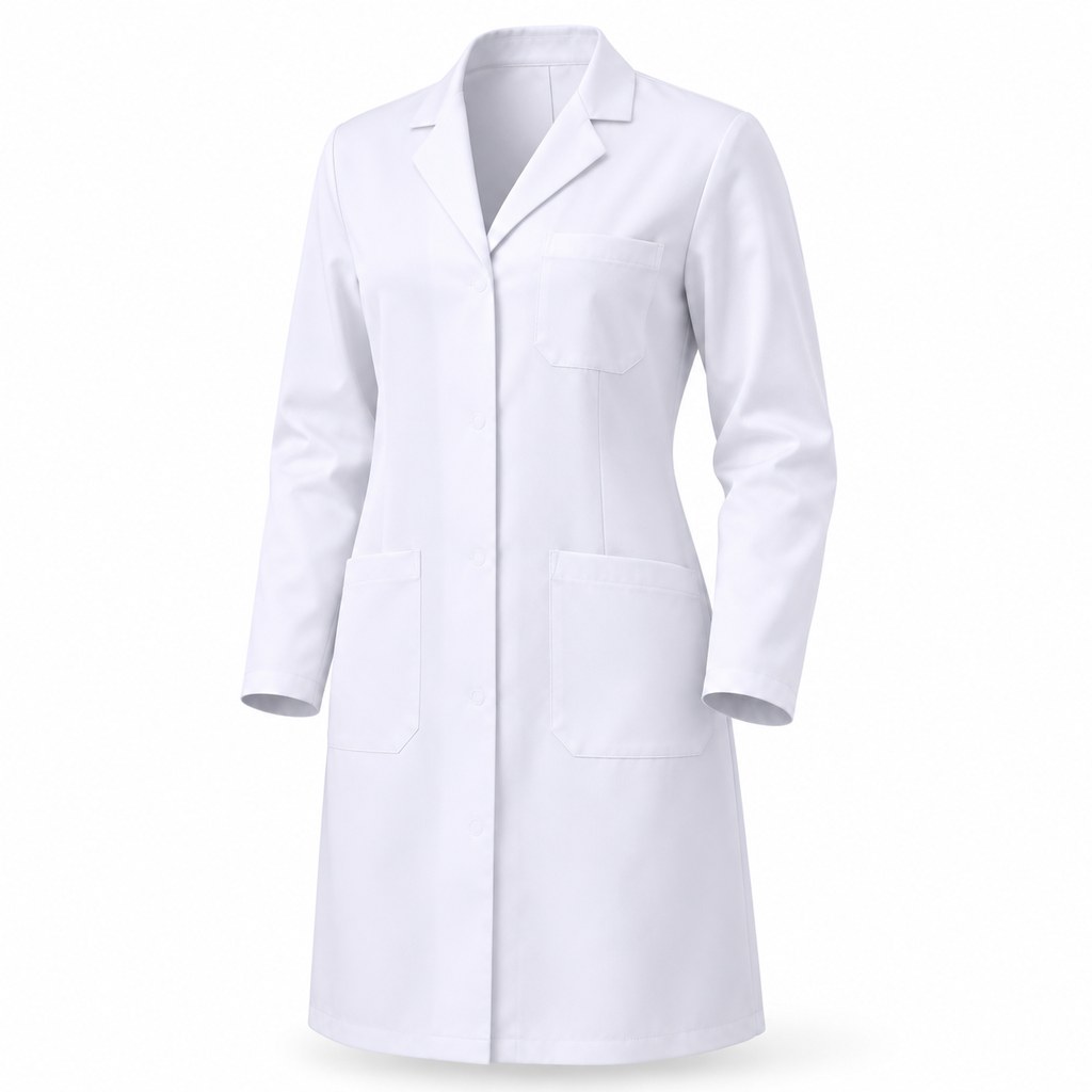White professional laboratory coat on an invisible mannequin against a white studio background