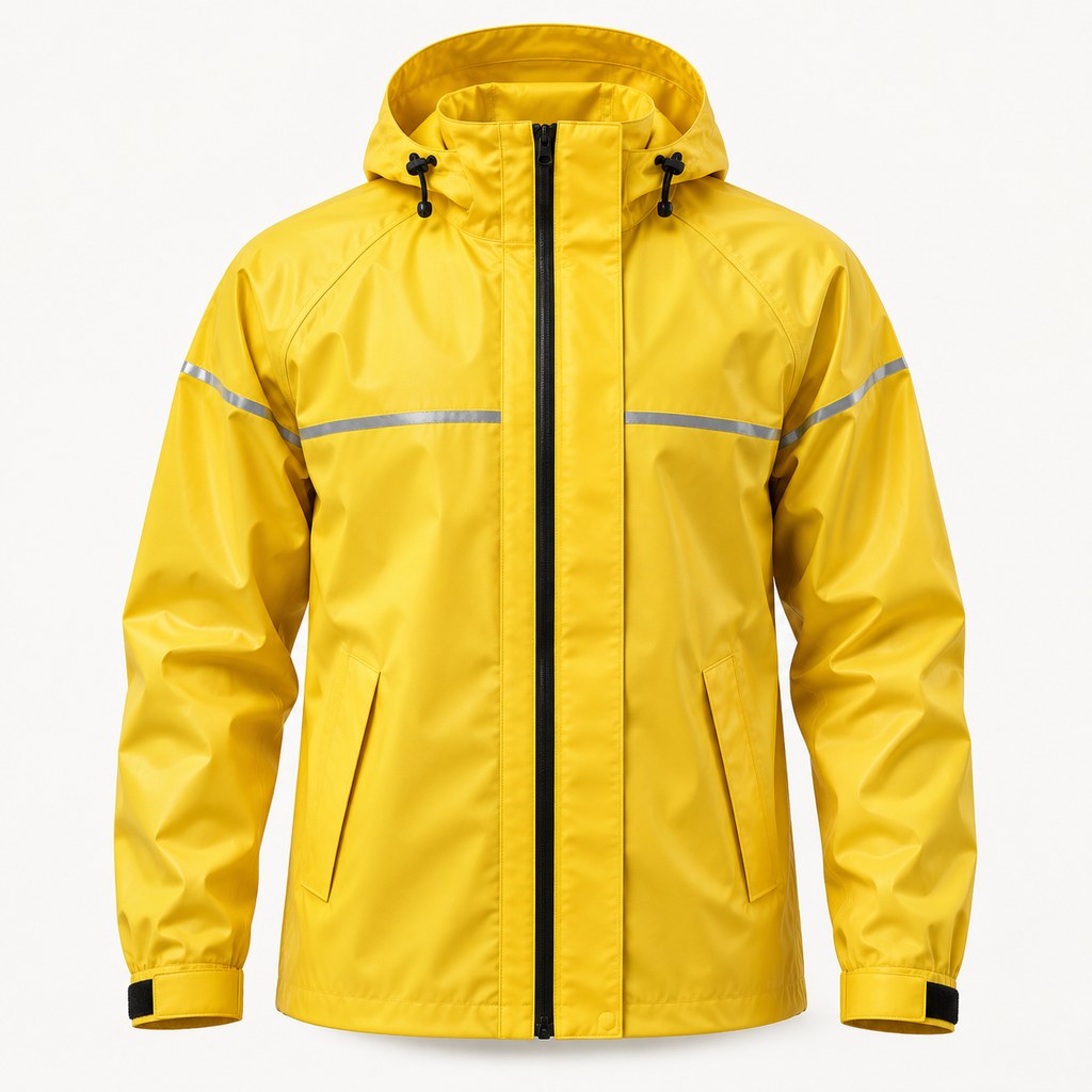Yellow waterproof work rain jacket with reflective trim on a white background