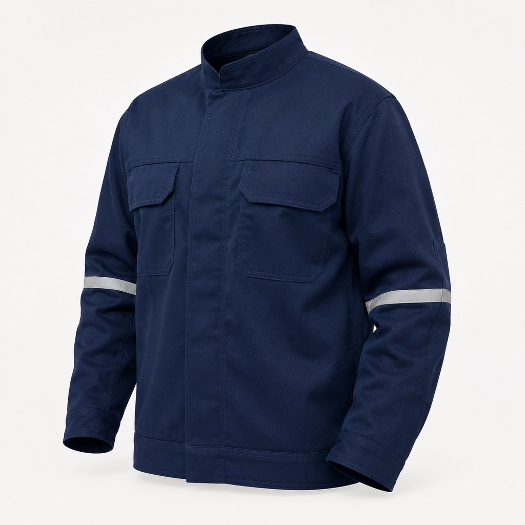 Navy flame-resistant welding jacket with reinforced front panels on a white background