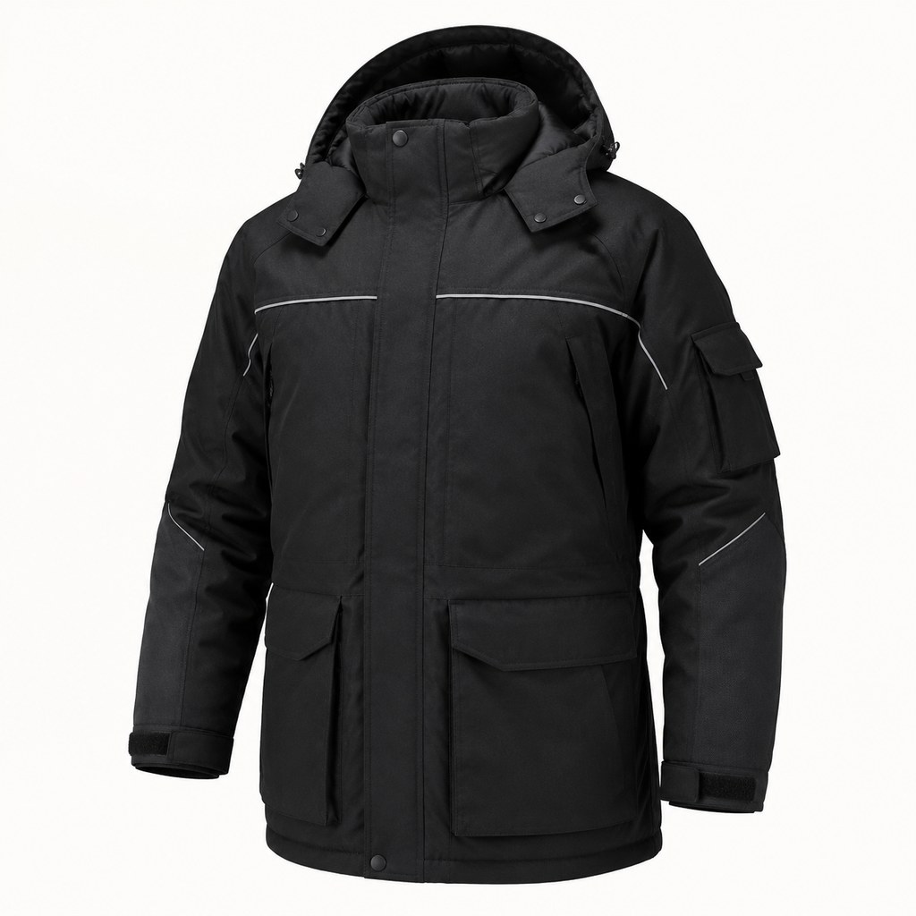 Black insulated work parka with detachable hood on a white background