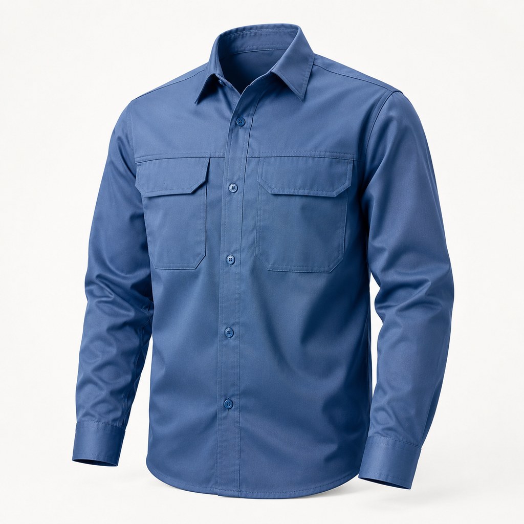 Blue long sleeve industrial work shirt with chest pockets on a white background