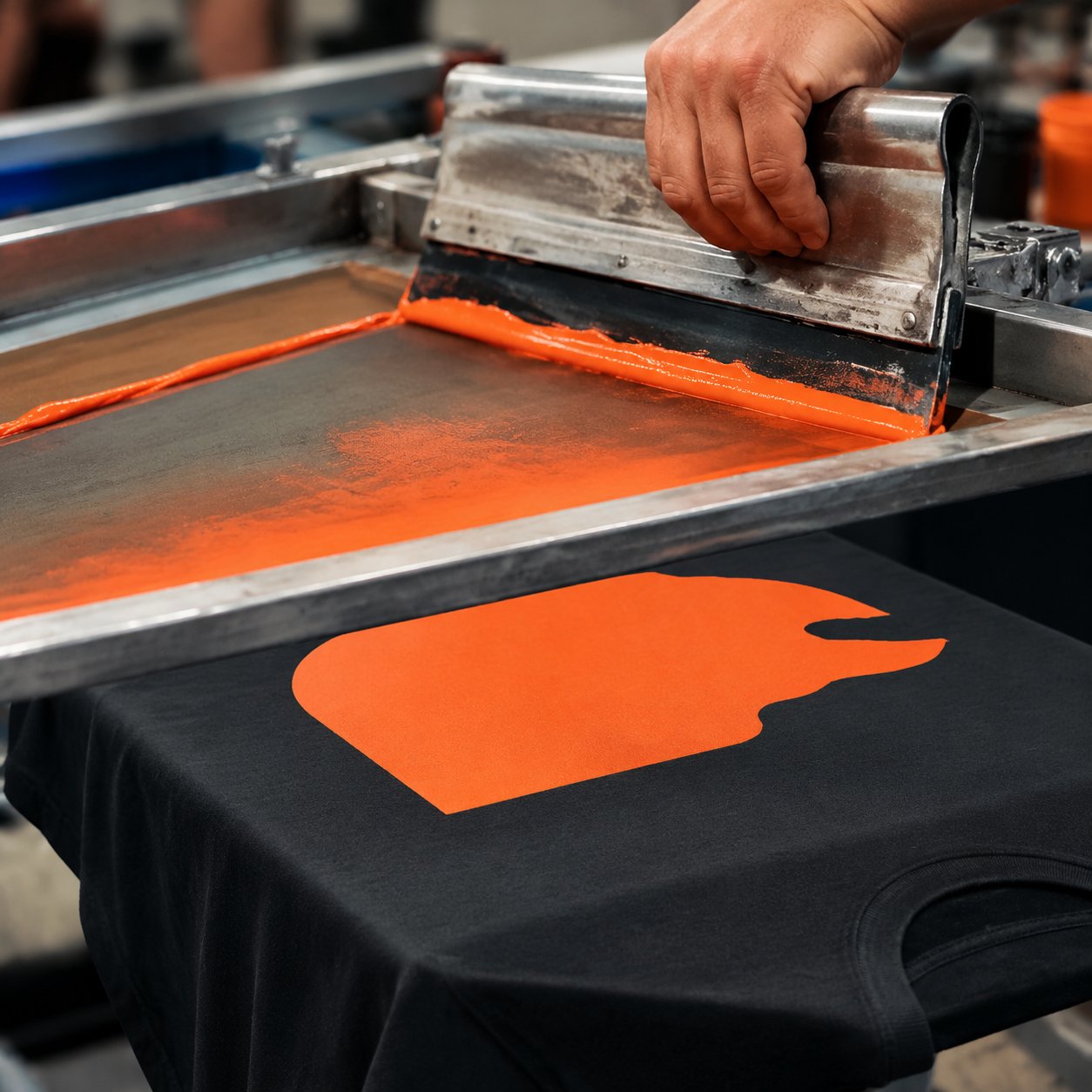 Quality inspector checking embroidered and screen-printed logos on custom workwear in a garment factory