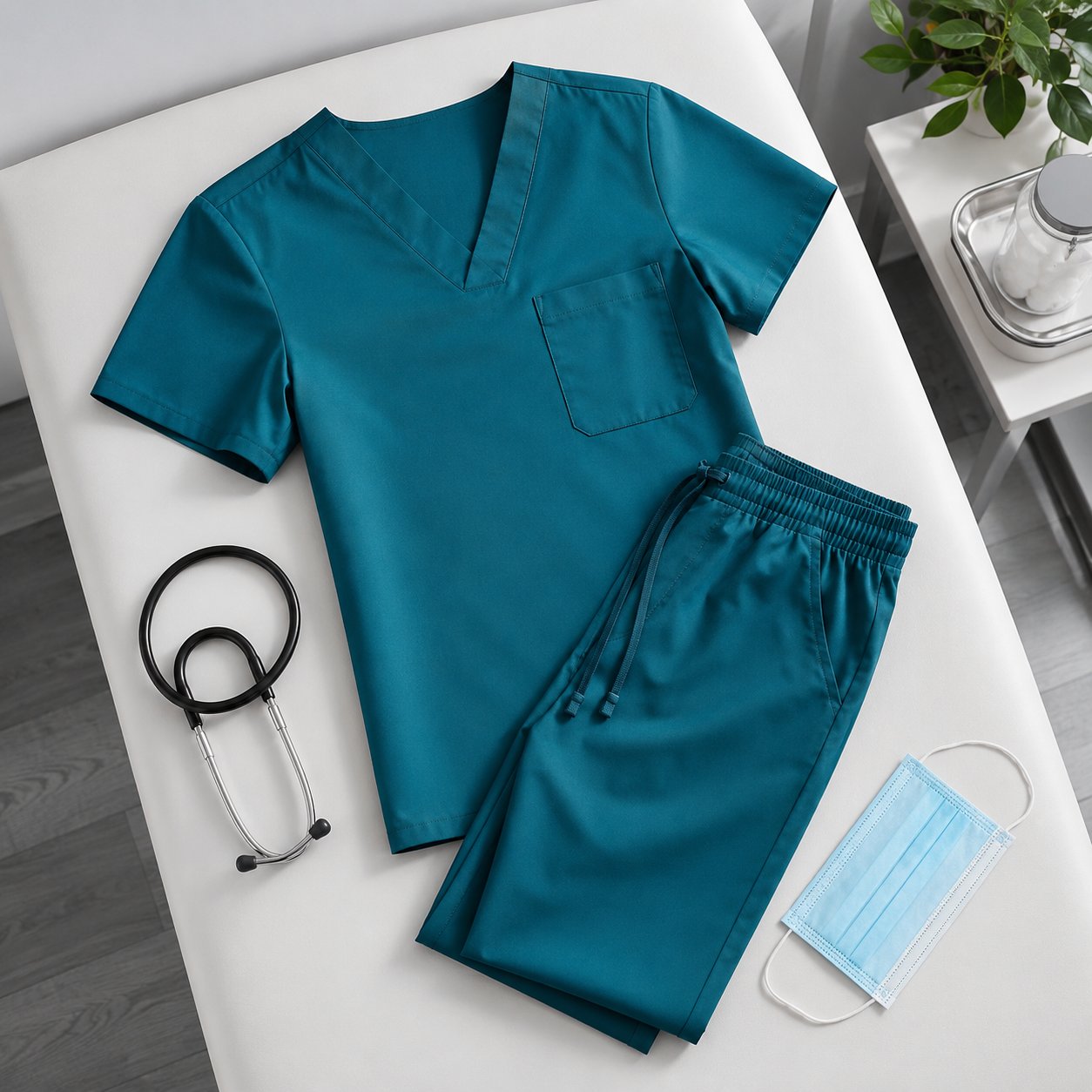 Teal medical scrubs flat-laid with stethoscope