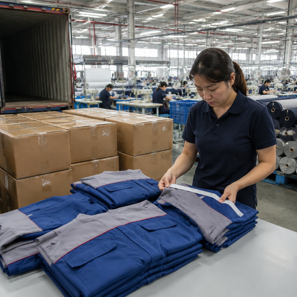Quality control supervisor inspecting stitched workwear garments beside sewing lines in a modern garment factory