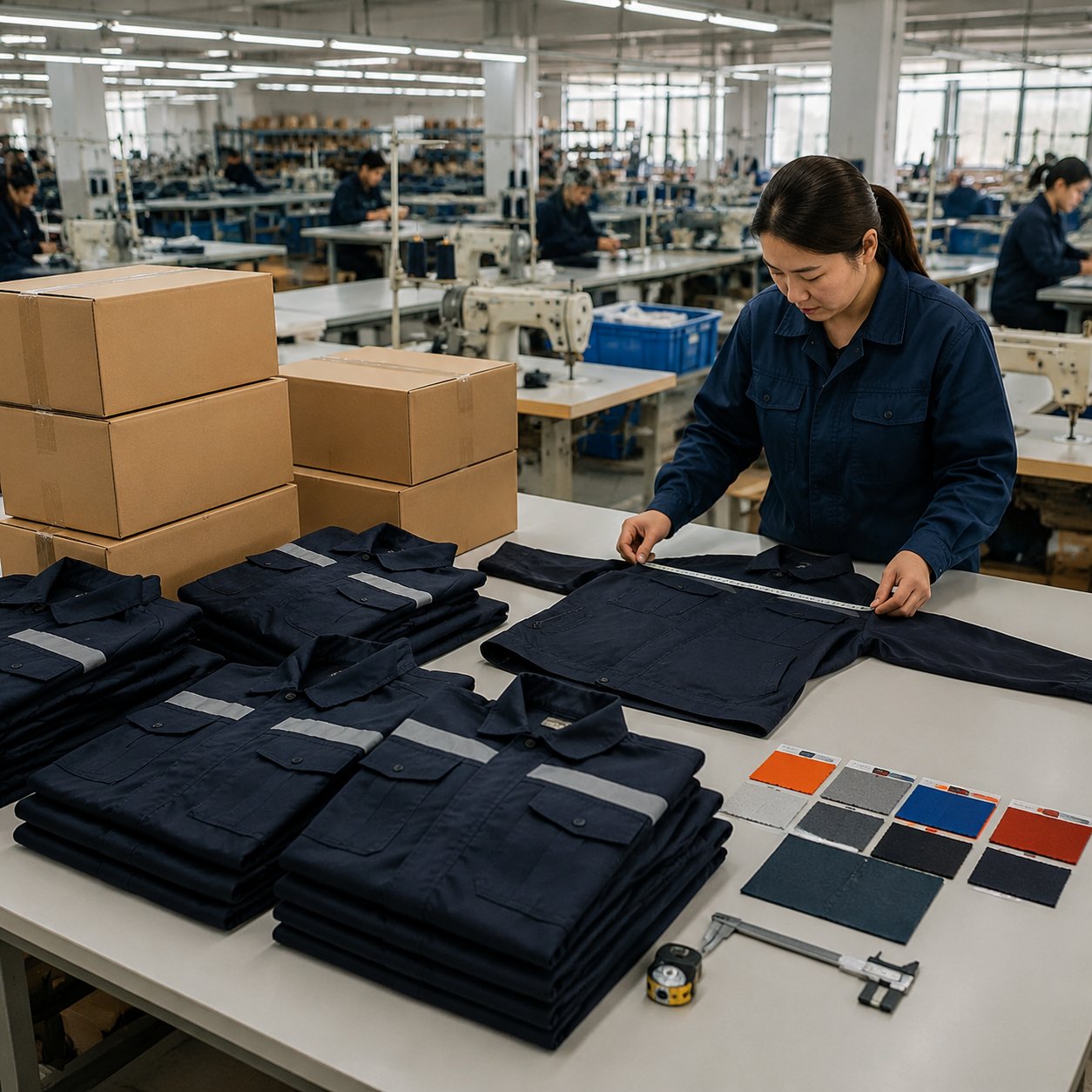 Quality control worker inspecting folded custom workwear and export cartons in a garment factory packing area.