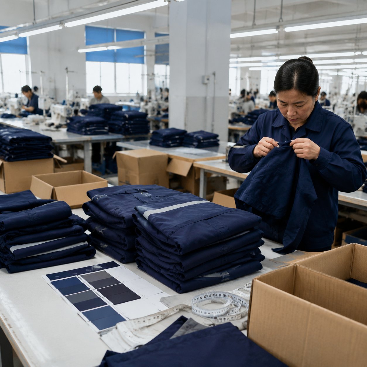 Quality control worker checking folded custom workwear uniforms beside export cartons in a garment factory shipping area
