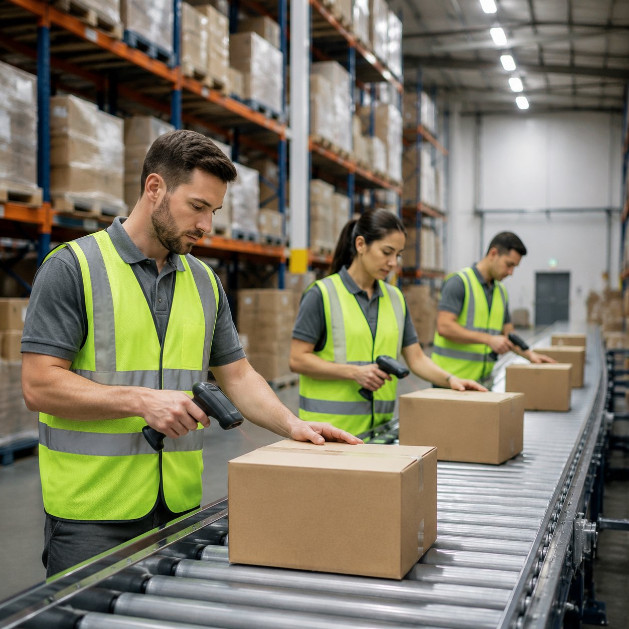 Logistics workers in branded charcoal polos and hi-vis vests sorting boxes on a warehouse conveyor