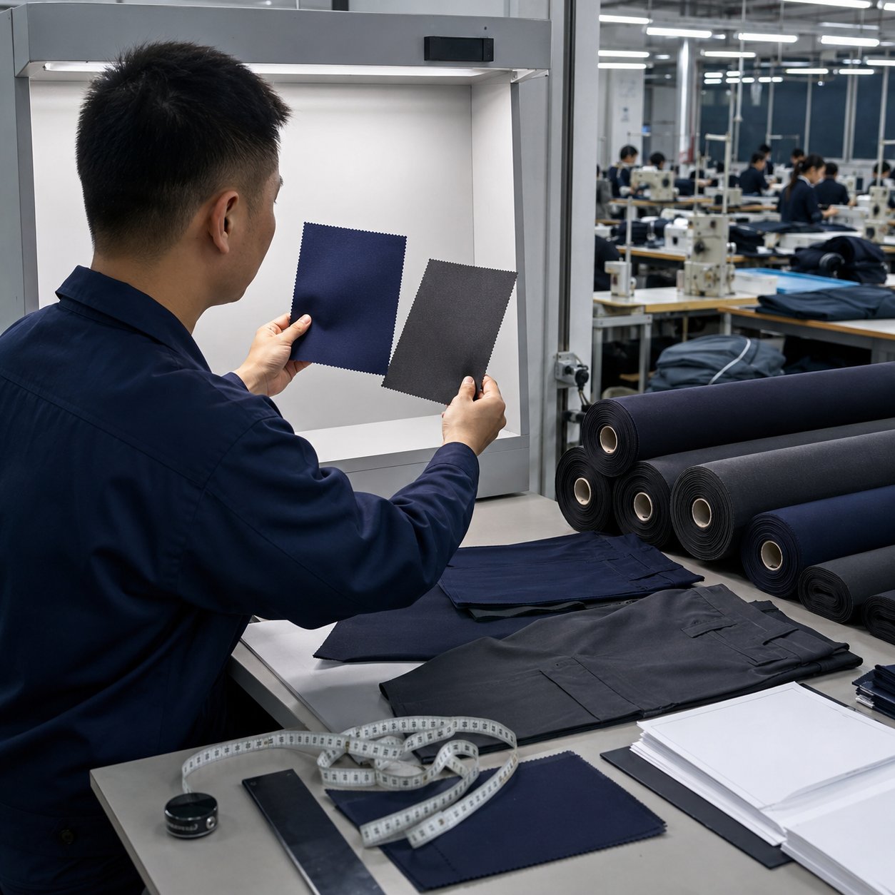Quality control technician comparing dyed workwear fabric swatches under a calibrated light booth in a garment factory sampling room