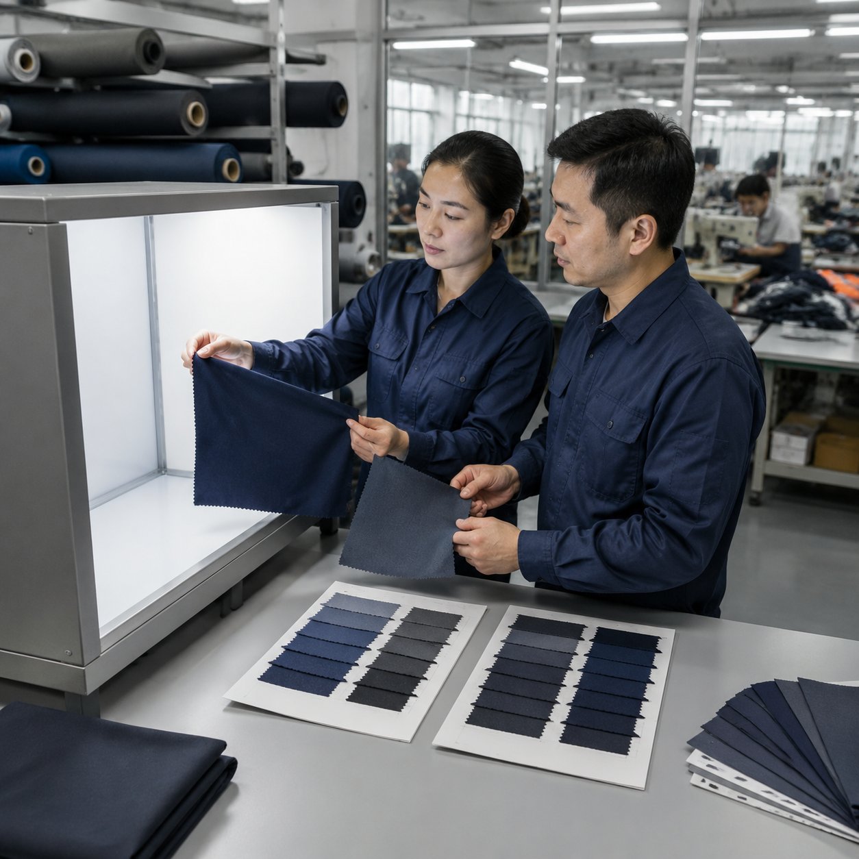 Quality inspector checking taped seams on waterproof workwear jackets in a garment factory